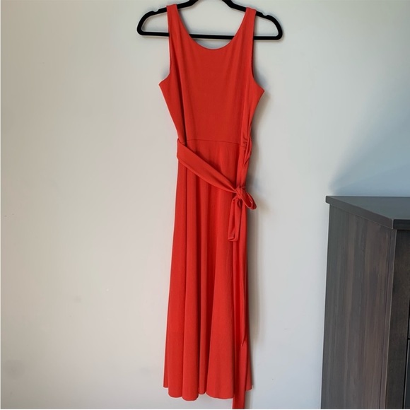 SIZE M CLUB MONACO JADRIEN WRAP MIDI SLEEVELESS RIBBED LINED DRESS CORAL ORANGE - Picture 5 of 7